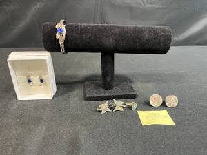 lot 202 image: Sterling Silver 925 Bracelet, Blue Stone Earrings, Alpaca Jewelry Lot