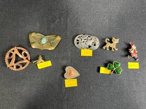 lot 212 image: Collection of 7 Vintage Brooches Including Sterling, Enamel, and Figural Designs
