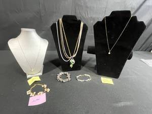 lot 219 image: Collection of Necklaces and Bracelets Including 14K GF Pendant, Beaded, and Avon