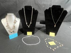 lot 220 image: Collection of 5 Necklaces Including Chicos, Sterling Silver and 12K Gold-Filled with Charms and Pearls