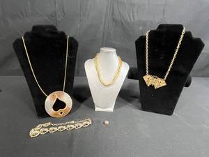 lot 227 image: Collection of Vintage Costume Jewelry Necklaces, Bracelet, and Pin