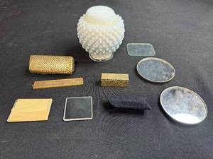 lot 76 image: Assorted Vintage Vanity Accessories and Decorative Hobnail Glass Jar