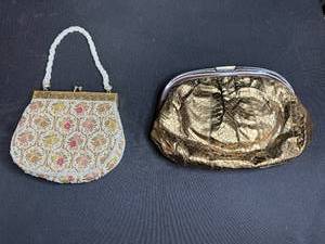 lot 80 image: Set of 2 Vintage Evening Clutches - Beaded Purse and Gold Metallic Clutch