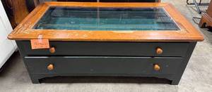 lot 1 image: Wood and Glass Coffee Table with Storage Drawers, 17x46x24 in
