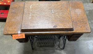 Antique Singer Treadle Sewing Machine in Ornate Oak Cabinet - untested