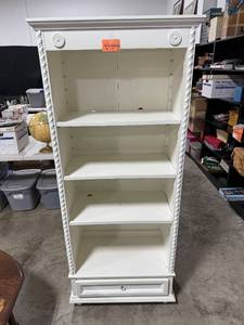 lot 7 image: White Wooden Bookshelf with 4 Shelves and Drawer 67x26x15 in