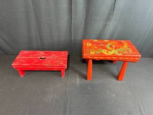 lot 14 image: Pair of Vintage Red Wooden Foot Stools, One Hand-Painted Floral Design