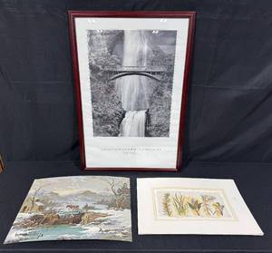 lot 19 image: Framed Multnomah Falls Print and Two Art Prints Assortment