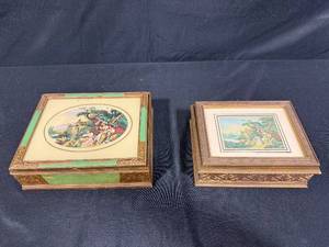 lot 26 image: Set of 2 Vintage Decorative Wooden Boxes with Pastoral Scene Art