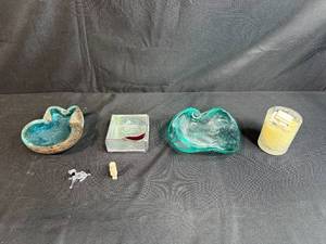 lot 28 image: MCM Glass Art Dishes, Scented Candle, and Figurines