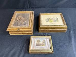 lot 30 image: Set of 3 Vintage Decorative Trinket Boxes with Framed Art and Mirrors
