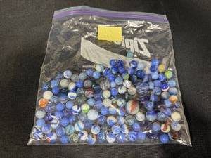lot 34 image: Collection of Assorted VTG Blue and Swirl Glass Marbles, Approx. 1.9 lbs