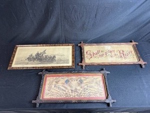 lot 36 image: Set of 3 Framed Antique Needleworks and Print Artwork