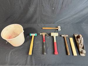 lot 43 image: Collection of Hammers, Hand Plane, and Plastic Bucket