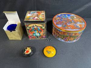 lot 47 image: Collection of VTG Decorative Tins and Trinket Boxes with Blue Glass Cup