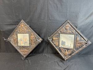 lot 56 image: Pair of Vintage Embossed Tin Wall Mirrors with Patriotic Motifs