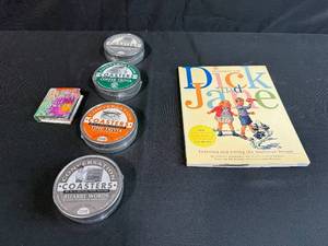 lot 58 image: Dick and Jane Book, Mini Pop-Up Book, and Set of 4 Conversation Coasters