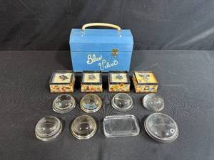 lot 60 image: Handcrafted Blue Velvet Box by Pat Ayars, Mary Engelbreit Brooches, and Glass Trinket Dishes Set