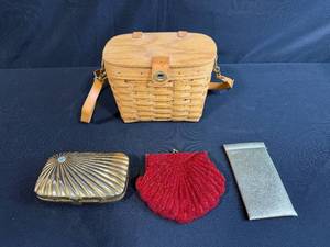 lot 62 image: Vintage Basket Purse with 3 Assorted Vintage Clutches