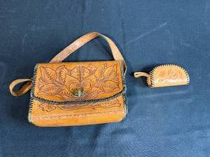 lot 65 image: Tooled Leather Floral Handbag with Matching Coin Purse