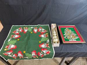 lot 66 image: Christmas Decor Lot with Needlework, Glass Finial Topper, and Bejeweled Tree Art