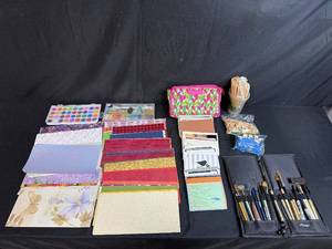 lot 73 image: Assorted Art and Craft Supplies with Brush Set, Paper, and Ephemera