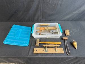 lot 74 image: Collection of Vintage Hand Tools and Brass Hardware in Storage Bin