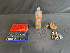 lot 76 image: Vintage Dominoes Set with Double Six Tiles and Marbles Collection in Glass Bottle and Leather Pouch
