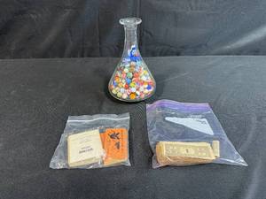 lot 79 image: Vintage Marbles in Glass Vase with Monopoly Game Money and Cards