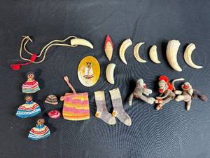 lot 83 image: Vintage Folk Art Collection with Sock Monkeys, Carved Faux Claws, and Handmade Dolls