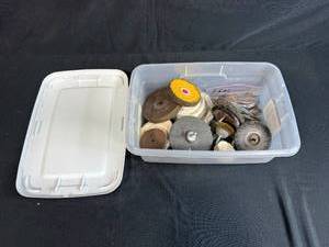 lot 88 image: Box of Assorted Wire Wheels, Buffing Wheels, and Abrasive Discs