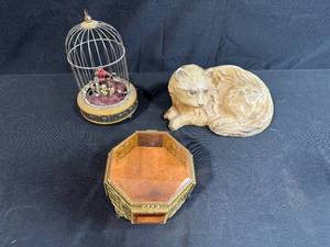 lot 97 image: Vintage Decorative Collection Cat Figurine, Birdcage Display, and Ornate Glass Jewelry Box