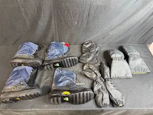 lot 99 image: Lot of 2 Pairs Steel Shank Winter Boots (Size 8 and 11) with 3 Pairs of Gloves and Mittens