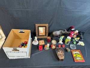 lot 104 image: Mixed Lot of Vintage Collectibles with Framed Art, Figurines, Book, and Game Pieces