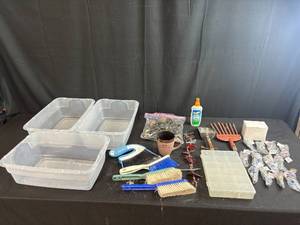 lot 149 image: Mixed Household and Garage Lot Bins, Brushes, Tools, Wind Chimes, Mug