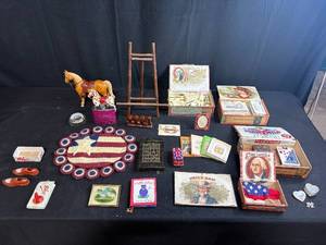 lot 153 image: Vintage Americana Collectibles Lot with Cigar Boxes, Toys, and Patriotic Decor