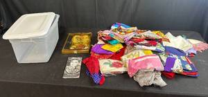 lot 156 image: Large Collection of Vintage and Modern Scarves with Storage Bin