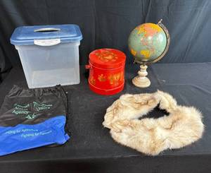 lot 157 image: Assorted Vintage and Household Items Including Globe, Fur Collar, Tins, and Storage Bags