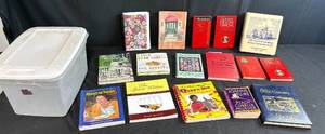 lot 162 image: Collection of Cookbooks and Bartender Guides with Storage Bin