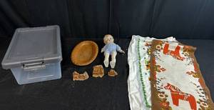 lot 165 image: Vintage Doll, Swedish Dala Horse Linens, Wood Plate, Miniature Figures and Storage Bin Lot
