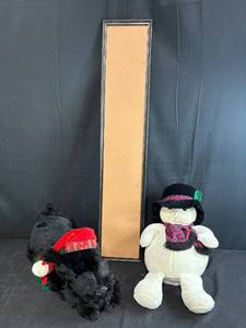 lot 168 image: Holiday Decor Lot with Stuffed Snowman, Plush Dog, and Framed Cork Board
