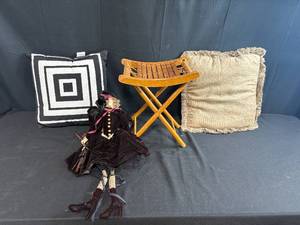 lot 177 image: Wood Folding Stool with 2 Decorative Pillows and Witch Doll