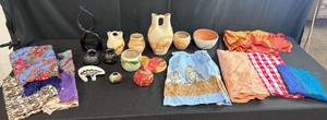 lot 178 image: Collection of Southwestern Style Pottery, Art Glass Sculpture, and Fabric Textiles