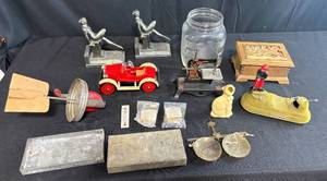 lot 183 image: Vintage Collectibles and Decor Group Including Cast Figurines, Toys, Bank, and More