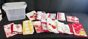 lot 184 image: Collection of Vintage Printed and Embroidered Kitchen Towels with Storage Bin