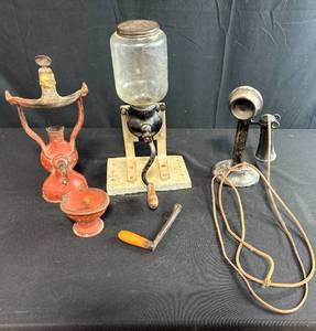 lot 186 image: Collection of Antique Kitchen Grinder, Arcade Coffee Mill, and Candlestick Telephone
