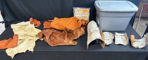 lot 189 image: Large Bin of Mixed Leather Hides and Birch Bark Sheets