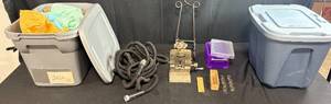 lot 191 image: Mixed Lot Storage Totes, Pocket Hose, Vintage Tool and Accessories