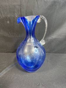lot 200 image: Signed Handblown Blue Art Glass Pitcher with Clear Handle, 12 Inch Tall