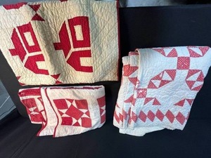 lot 130 image: Collection of 3 Red and White Vintage Handstitched Quilts